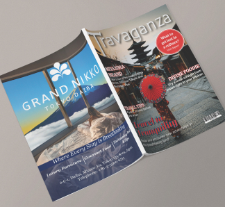Is the front and back of a magazine Haley designed called Travaganza. The front has a feminine presenting person with a red paper umbrella and kimono walking dowm a street in a village and the back has a feminine presenting person in a hotel looking out at a mountain.